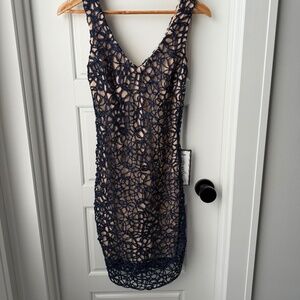 Stunning Navy Blue Corded Lace Sheath Dress with Nude Lining